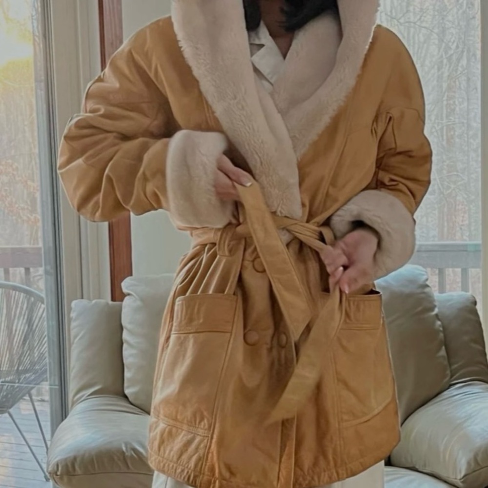 Vintage Camel Fur-Lined Hooded & Belted Jacket